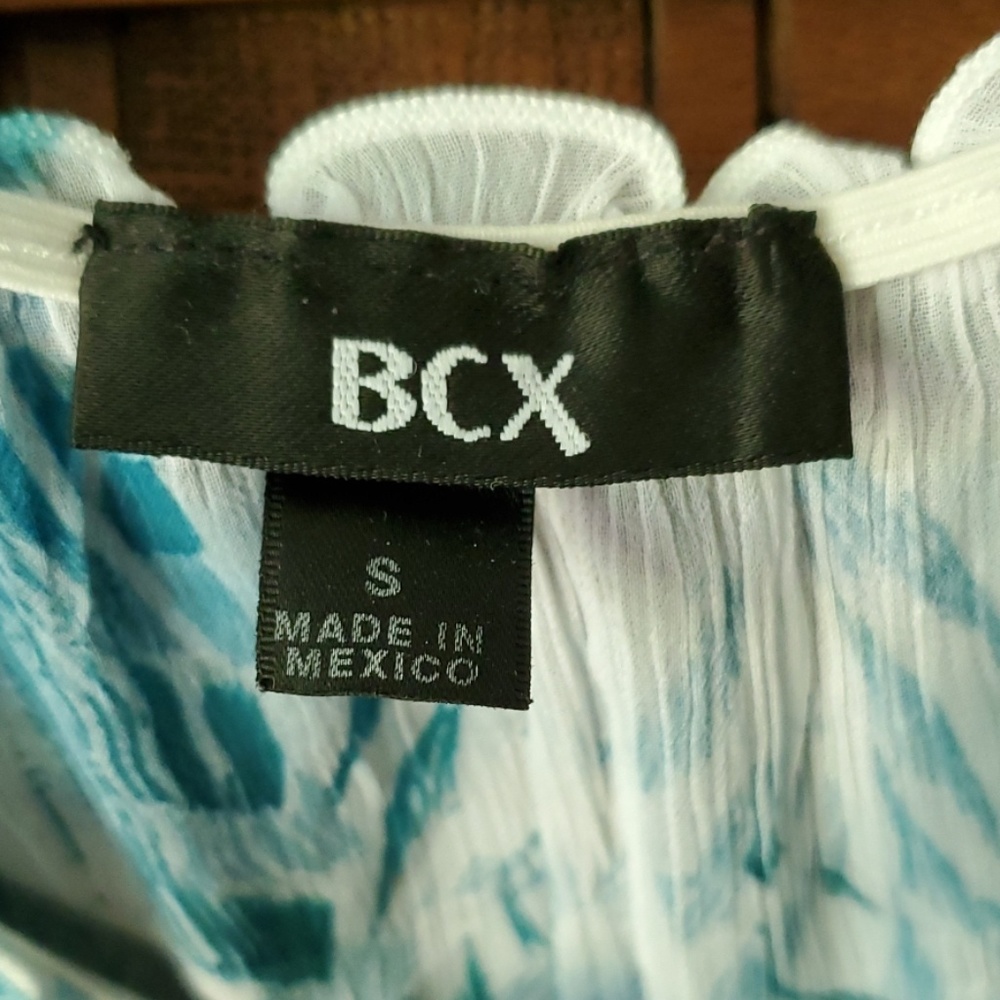 BCX Peasant Style Blue/Turquoise & White Print Short Sleeve Top S - Picture 5 of 7